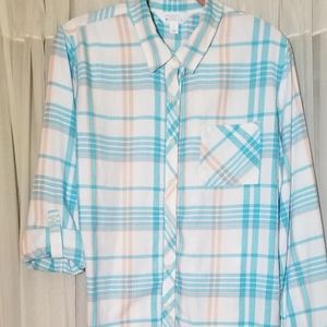 Market and Spruce button down peach /turquoise check pattern shirt